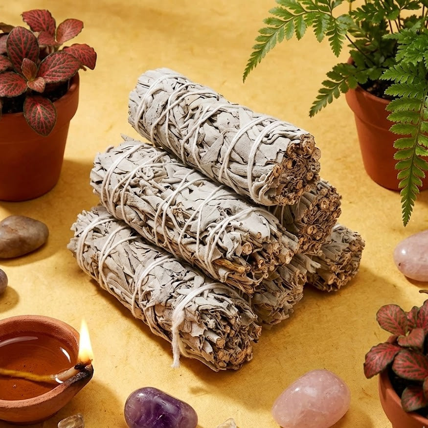 Stack of smudge sticks with a lit candle, crystals, and plants on a yellow surface