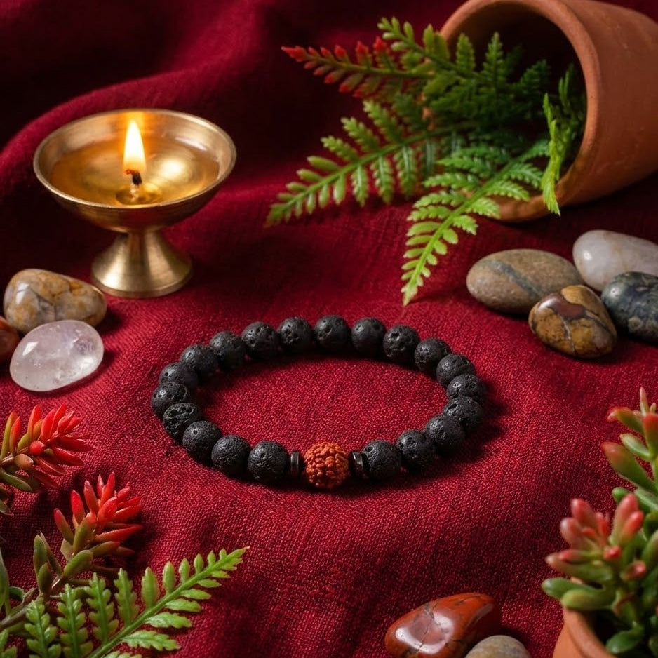 Black beaded bracelet with a red cloth, candles, and plants on a red background