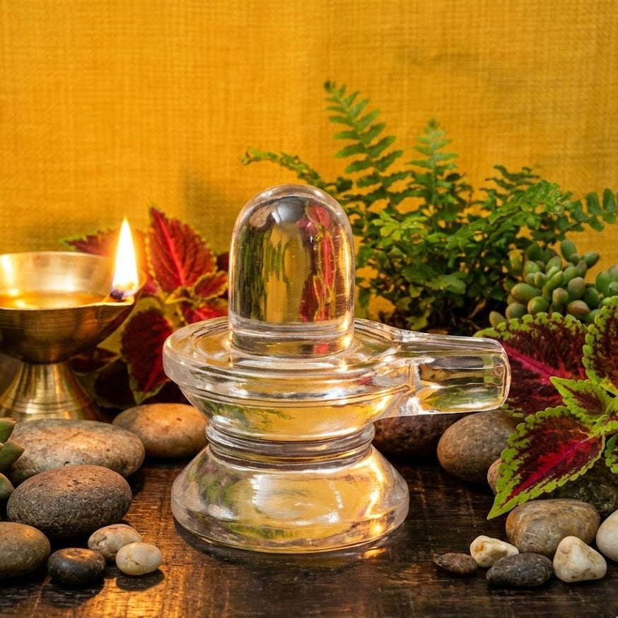 Clear stone Lingam with a lit candle and plants on a wooden surface